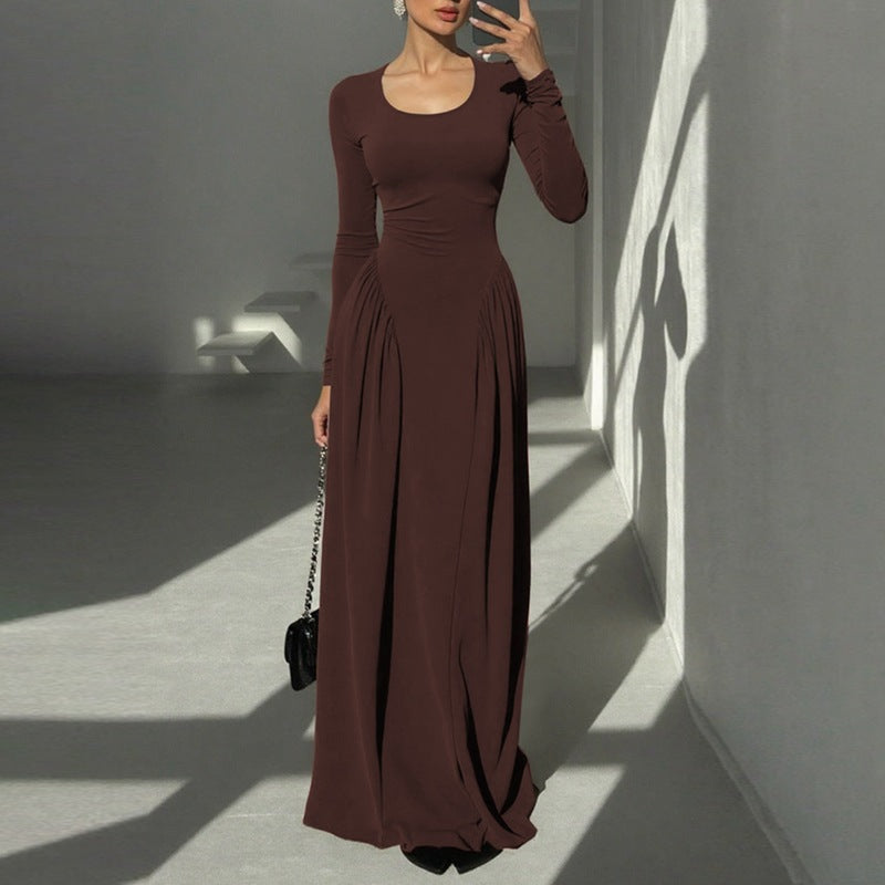 Gathered Waist Maxi Dress | U-Neck Long Sleeve Modal Dress(MS232)