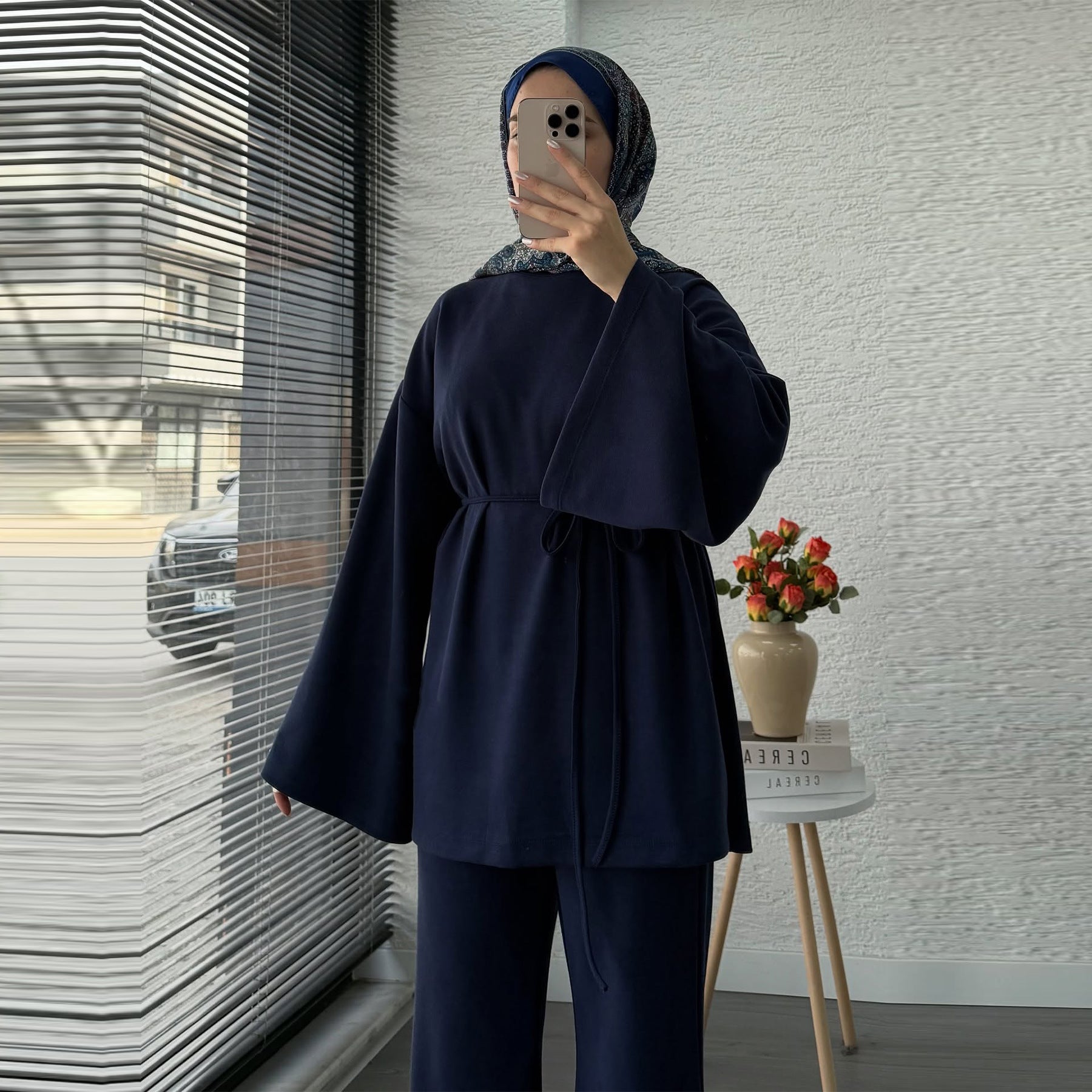 Cotton Two-Piece Set | Belted Tunic Top & Pants(MS279)