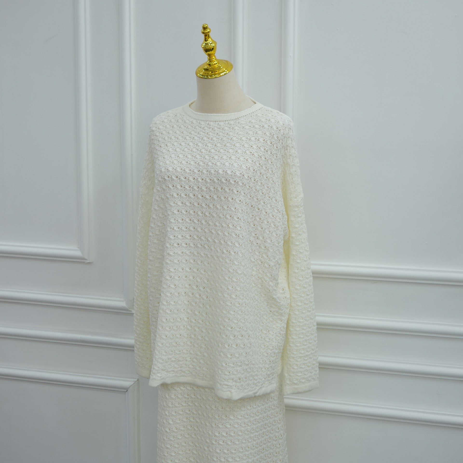 Ensemble coordonné Sweater Crochet ajouré & Jupe Maxi Doublée (MS523)