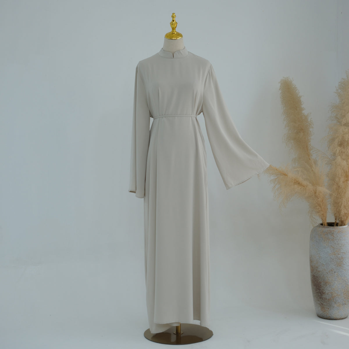 Stand-Collar Nida Maxi Dress | Long-Sleeve Belted Modest Dress(MA475)