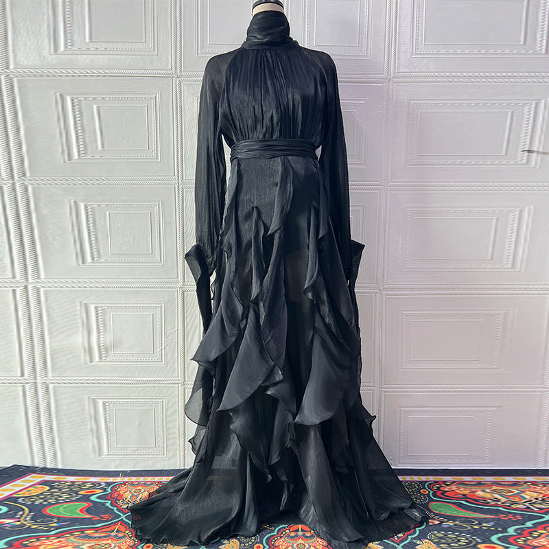 Cascading Ruffle Gown | High Neck Tie-Waist Maxi Dress(MS231)