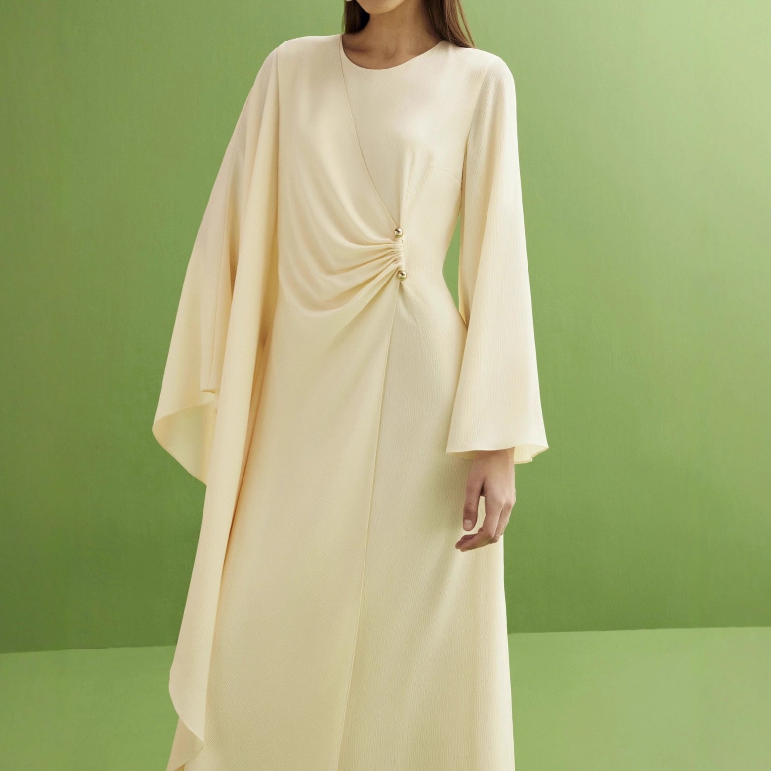Cream Ruched Waist Abaya(MS283)