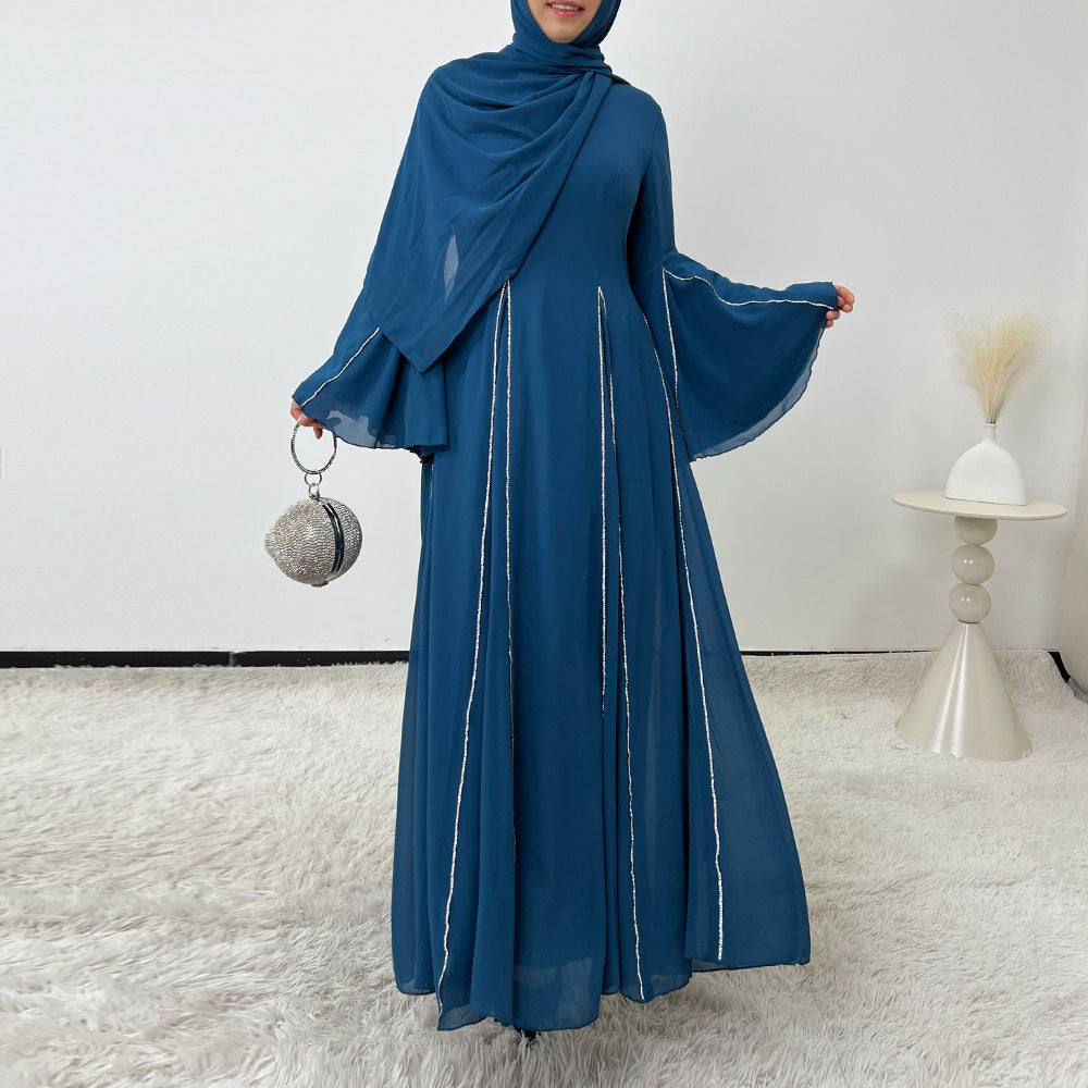 Elegant Chiffon Abaya Set with Hijab | Round Neck Bell Sleeve Maxi Dress with Rhinestone Trim(MA325)