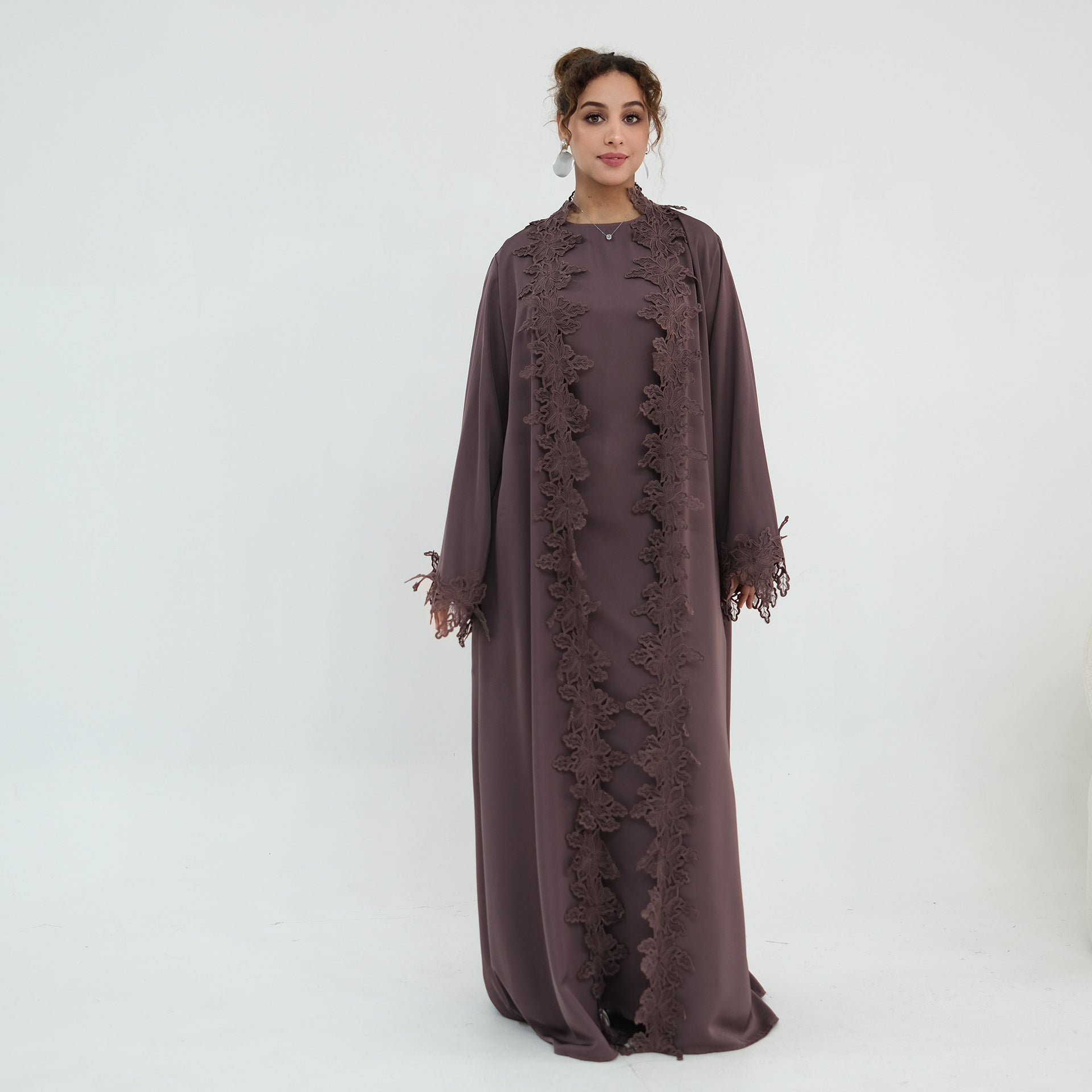 Floral Lace Trim Open Abaya & Sleeveless Inner Dress Set(MOA312)
