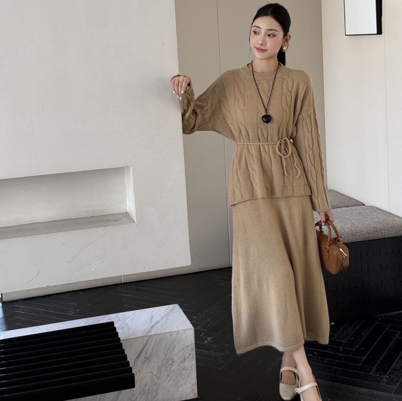Autumn Winter Cable Knit Two-Piece Set | Round Neck Tie-Waist Sweater & Loose Skirt(MS133)