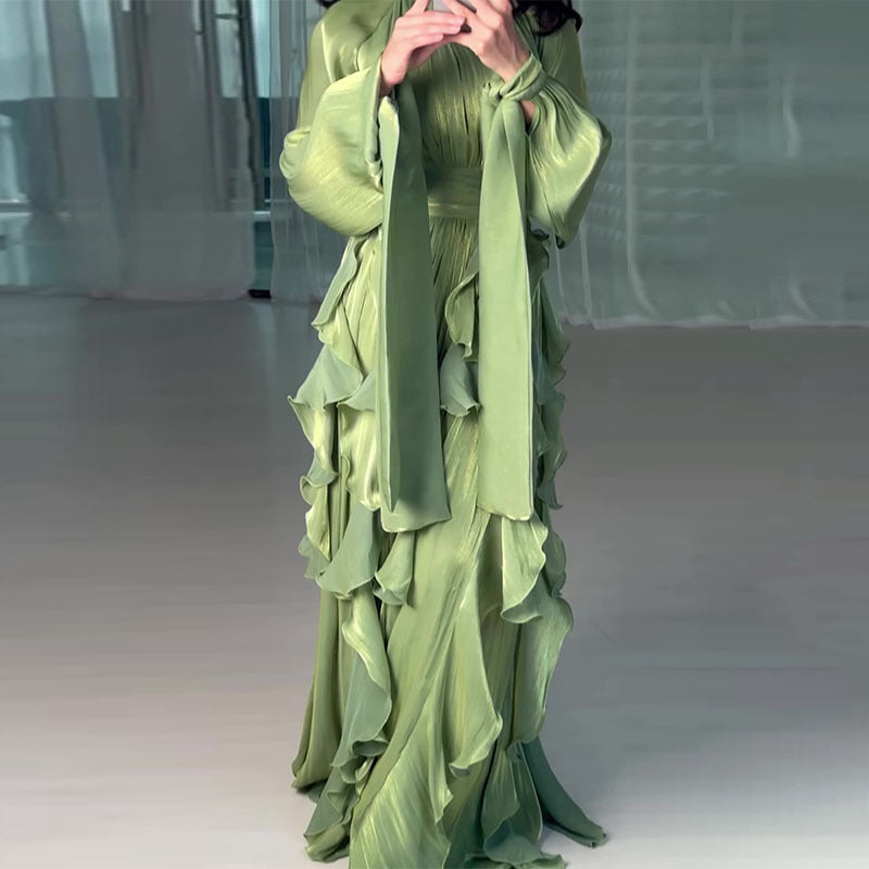 Cascading Ruffle Gown | High Neck Tie-Waist Maxi Dress(MS231)