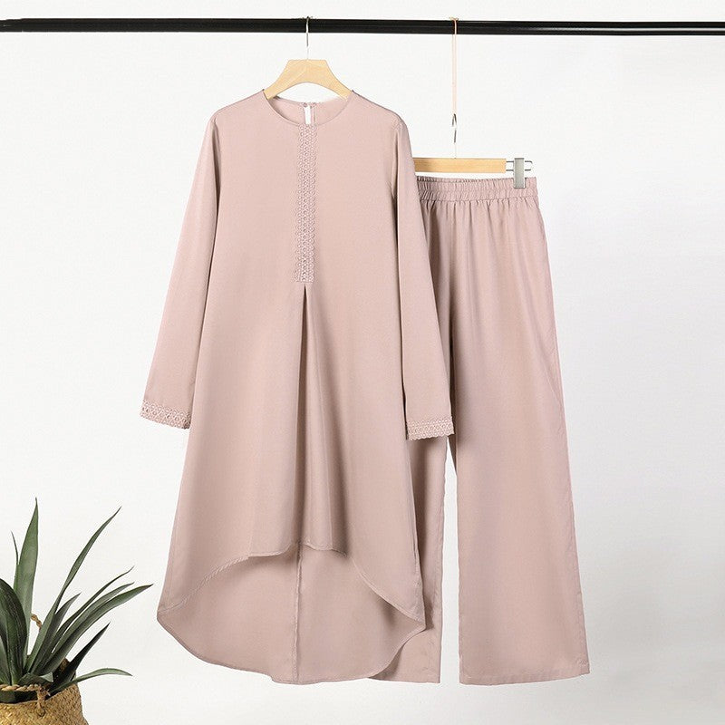 Lace-Trim Long Tunic & Wide-Leg Pants Set(MS540)