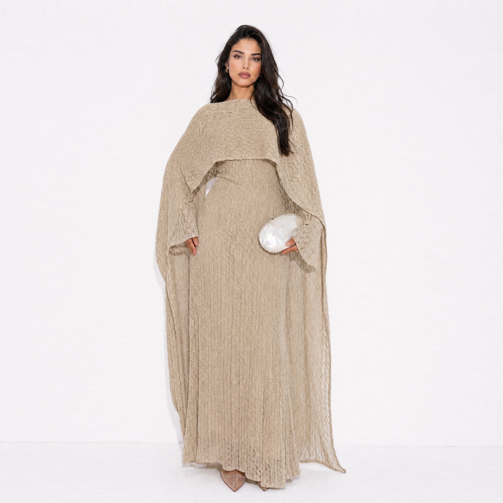 Textured Floral Lace Cape-Sleeve Lined Maxi Dress(MS519)