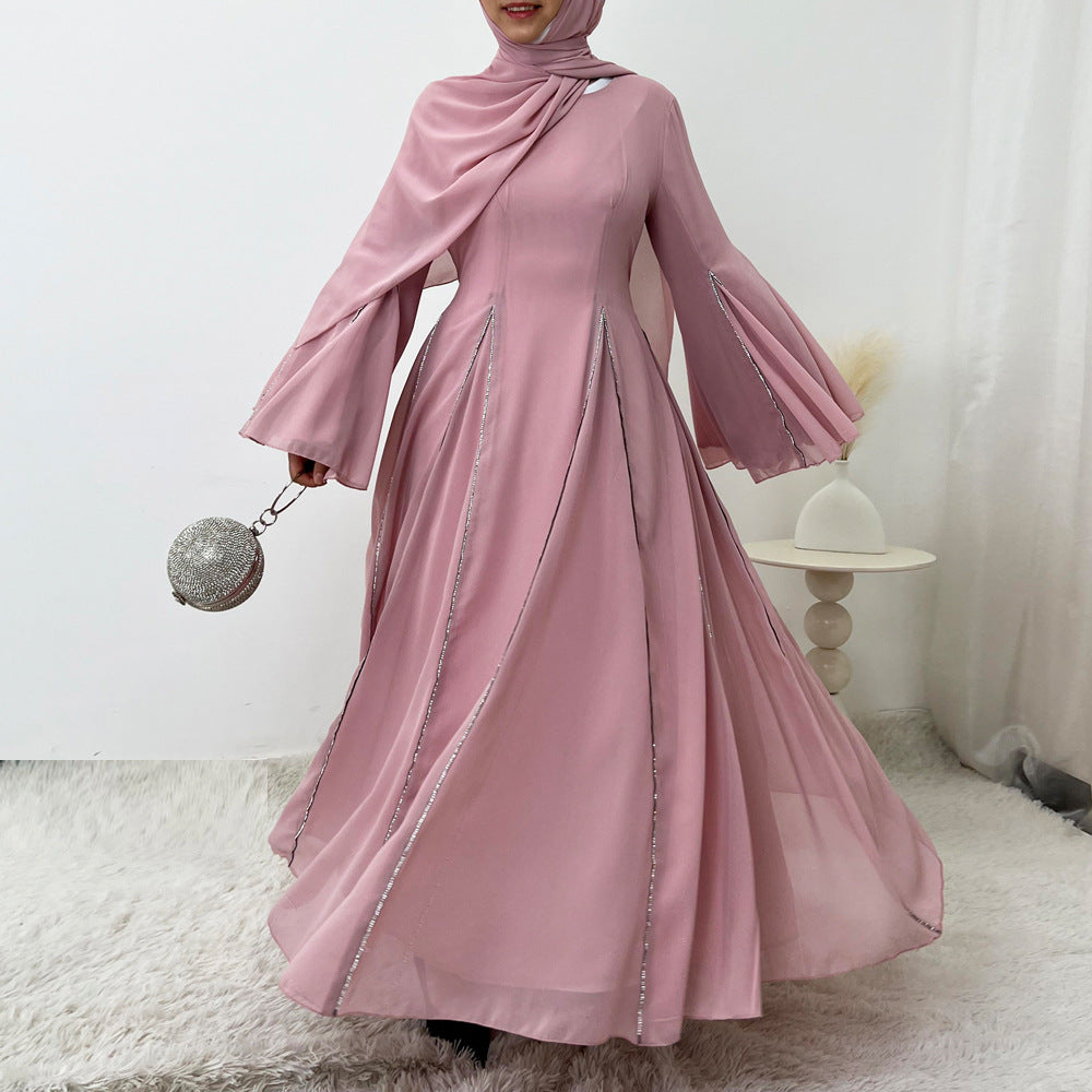 Elegant Chiffon Abaya Set with Hijab | Round Neck Bell Sleeve Maxi Dress with Rhinestone Trim(MA325)