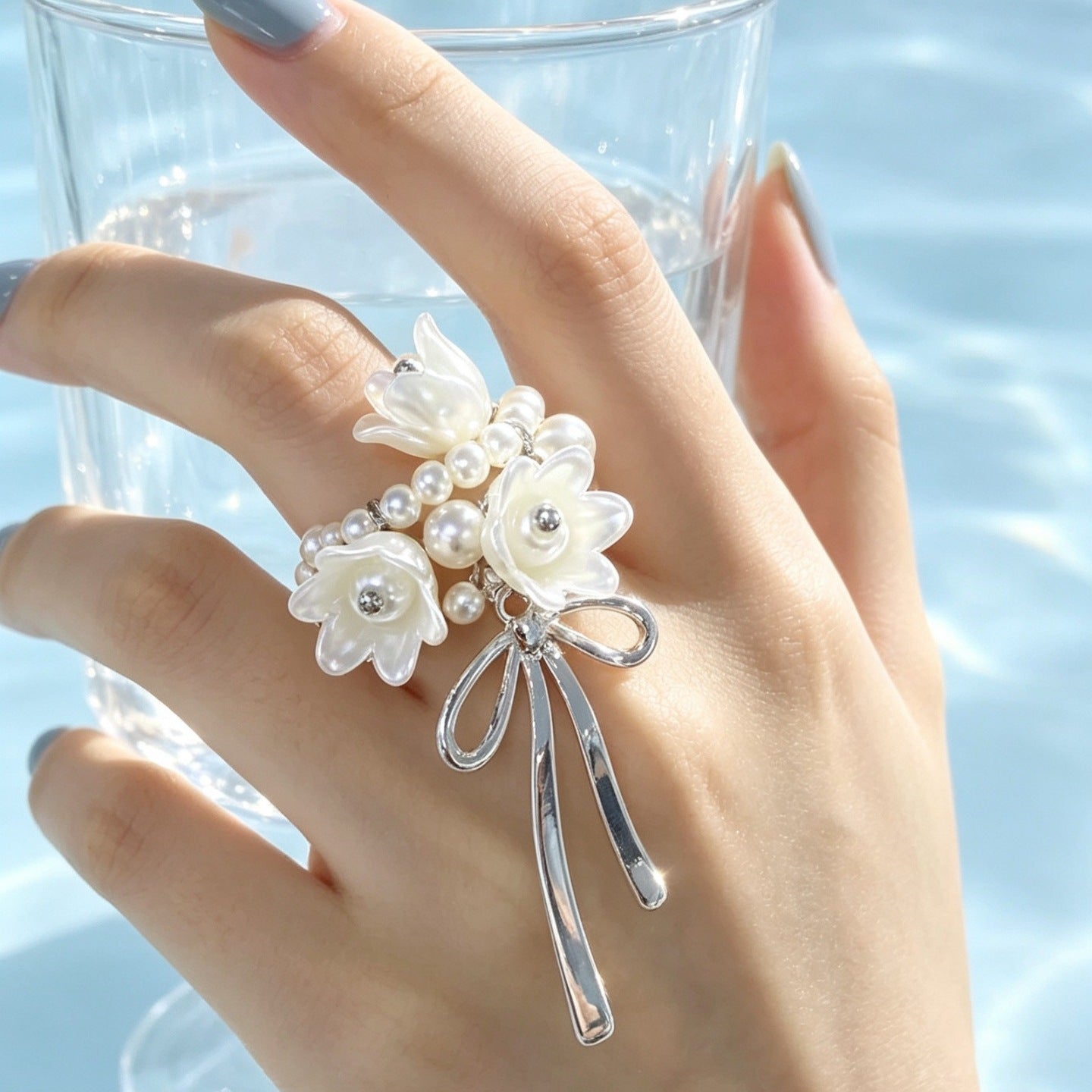 Lily of the Valley Pearl Bow Statement Ring | Adjustable Floral Ring（MAC482）