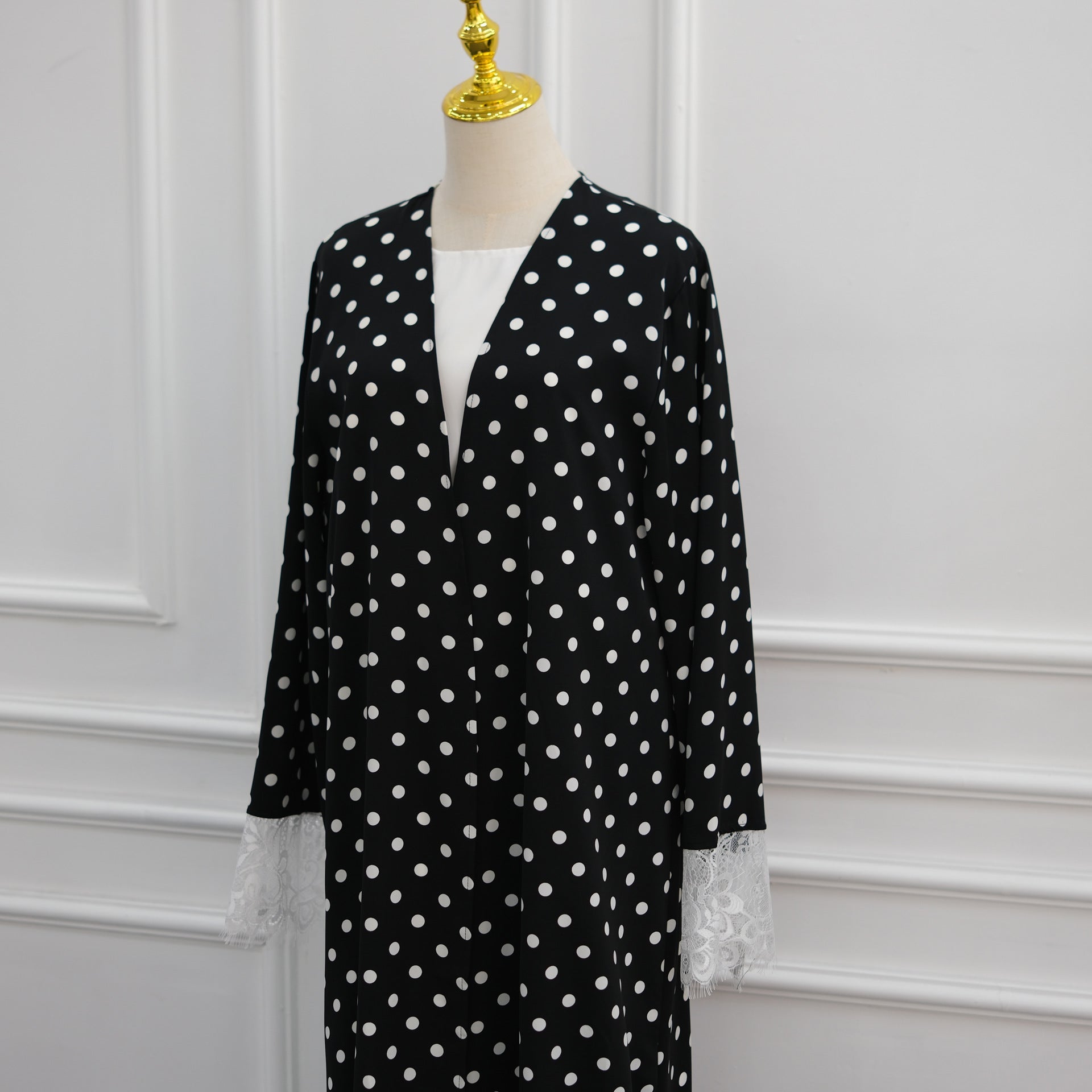 Polka Dot Lace-Trim Open Abaya & Matching Hijab Set(MOA343)