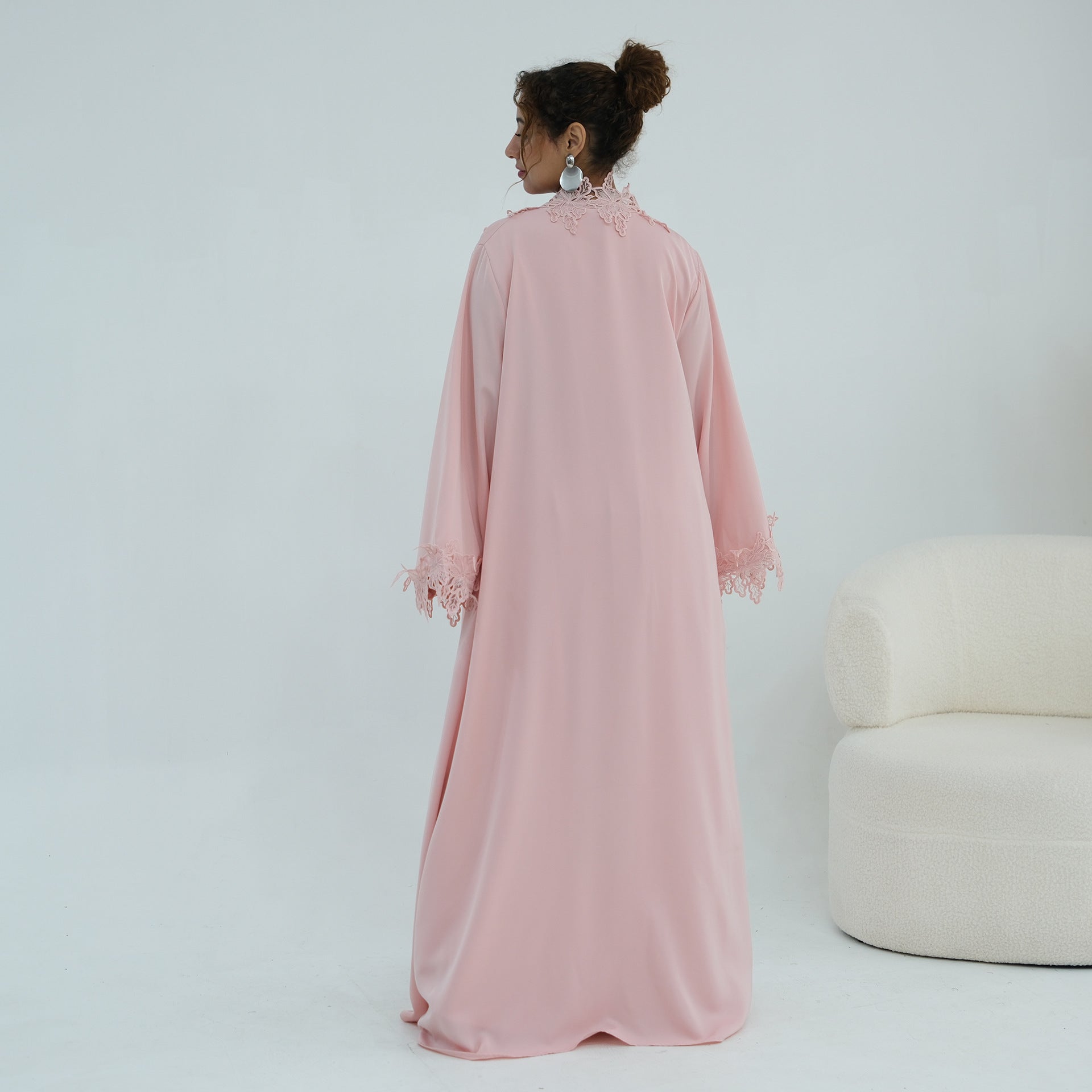 Floral Lace Trim Open Abaya & Sleeveless Inner Dress Set(MOA312)