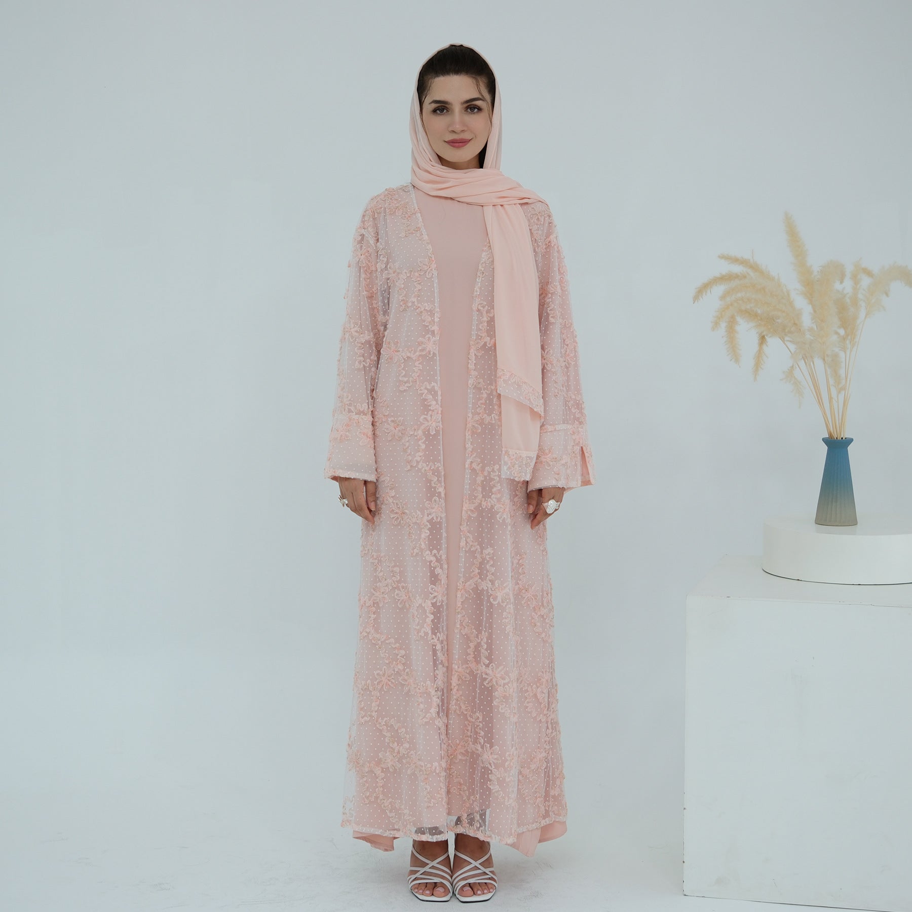 3D Floral Mesh Open Abaya(MOA288)