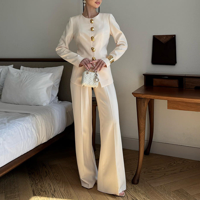 Gold Button Blazer & Straight Leg Pants Set(MS398)