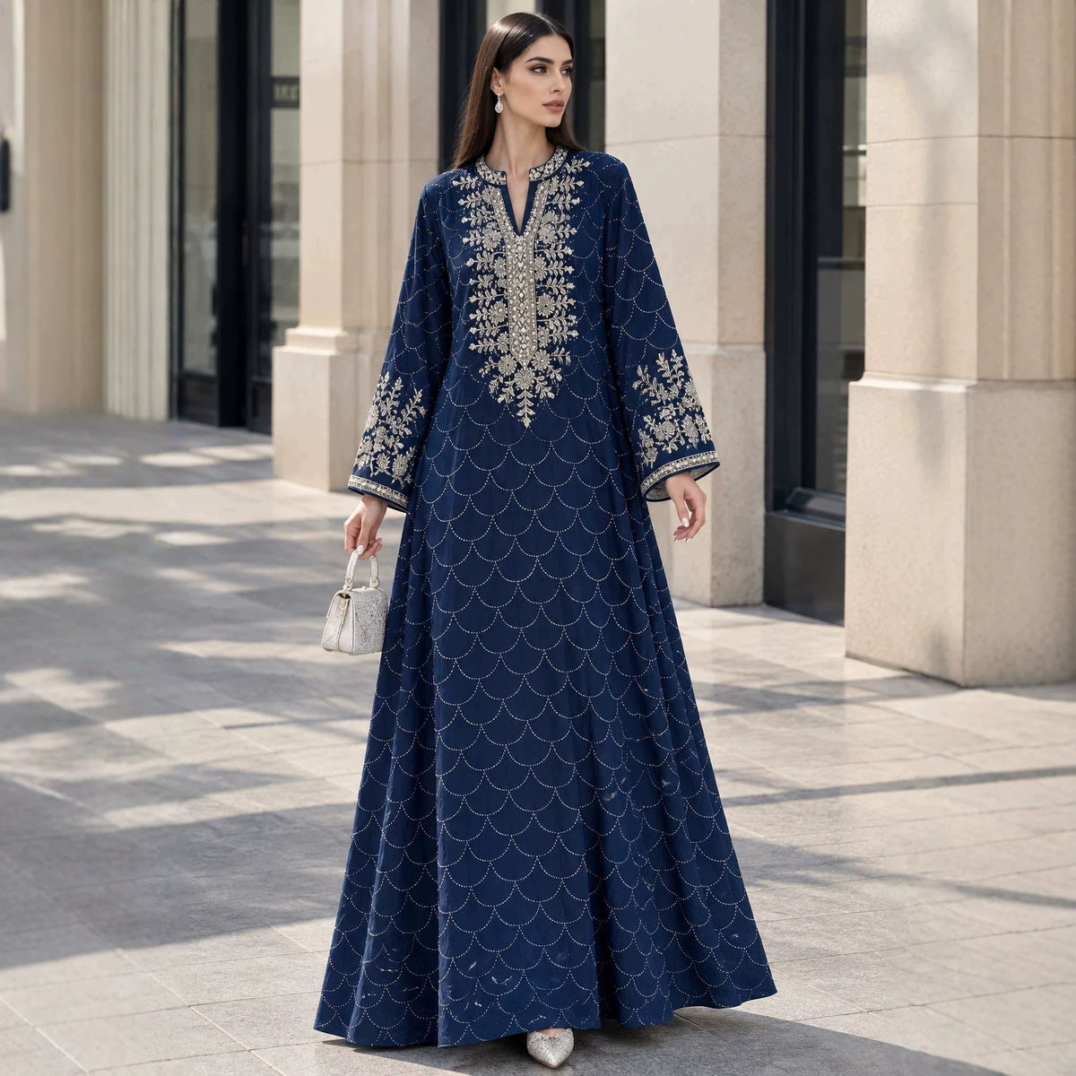 Embroidered Beaded Abaya Dress | Rhinestone-Embellished Modest Maxi Gown(MA476)
