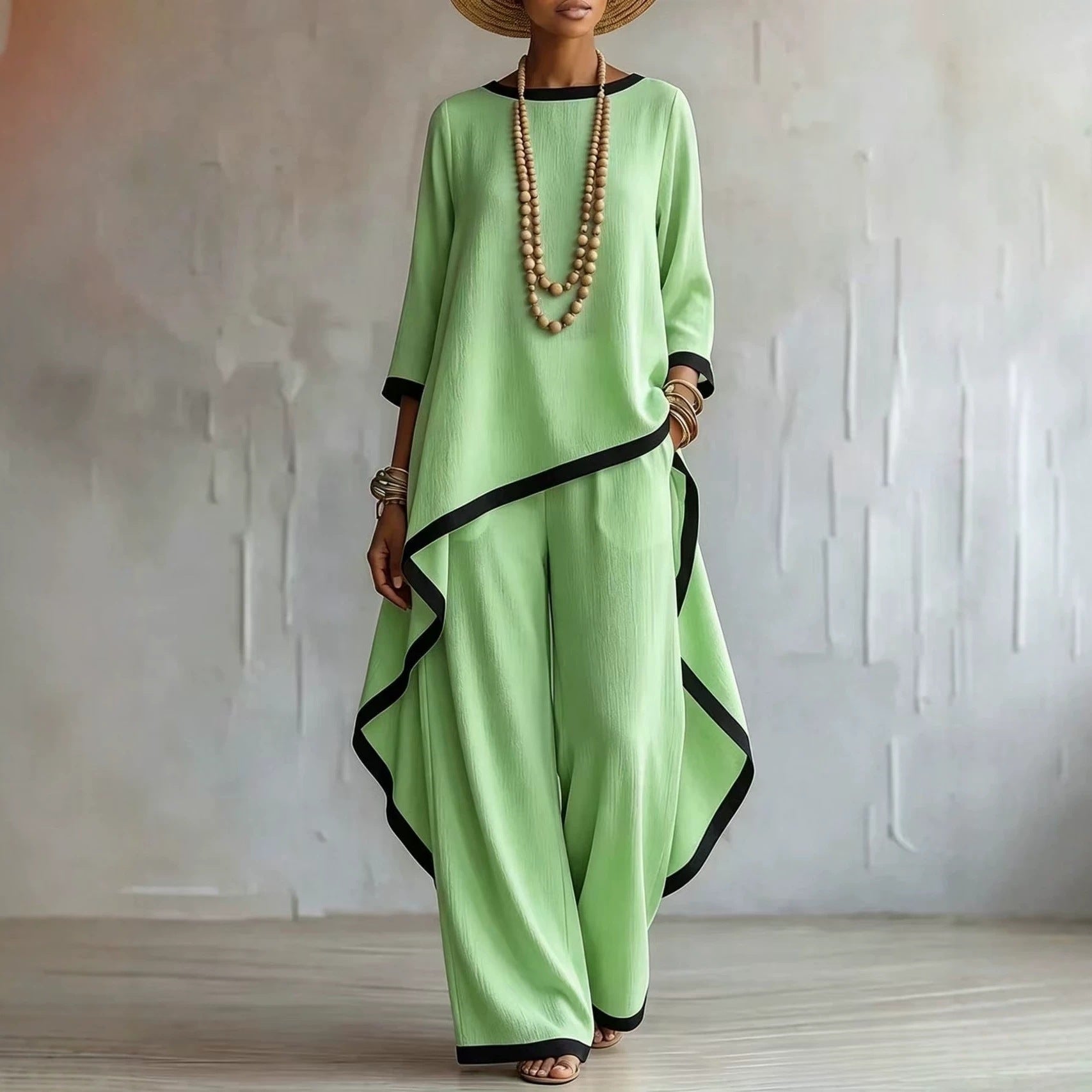 Black-Trimmed Batwing Top & Wide-Leg Trousers Two-Piece Co-ord Set(MS527)
