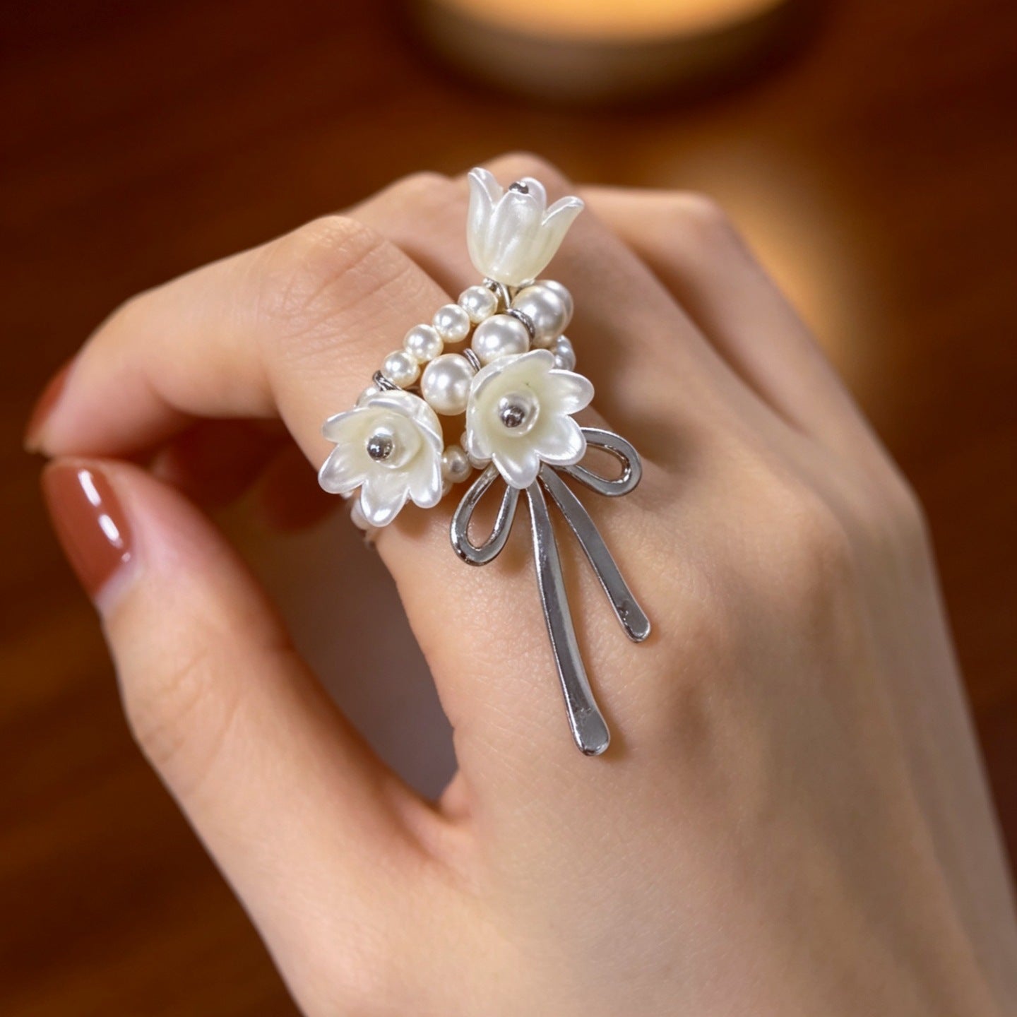 Lily of the Valley Pearl Bow Statement Ring | Adjustable Floral Ring（MAC482）