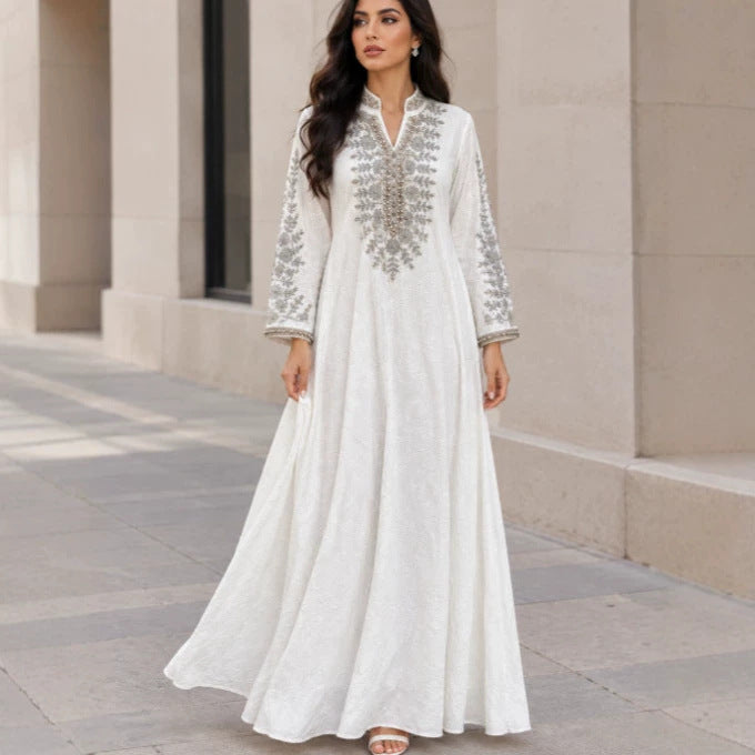 Embroidered Beaded Abaya Dress | Rhinestone-Embellished Modest Maxi Gown(MA476)
