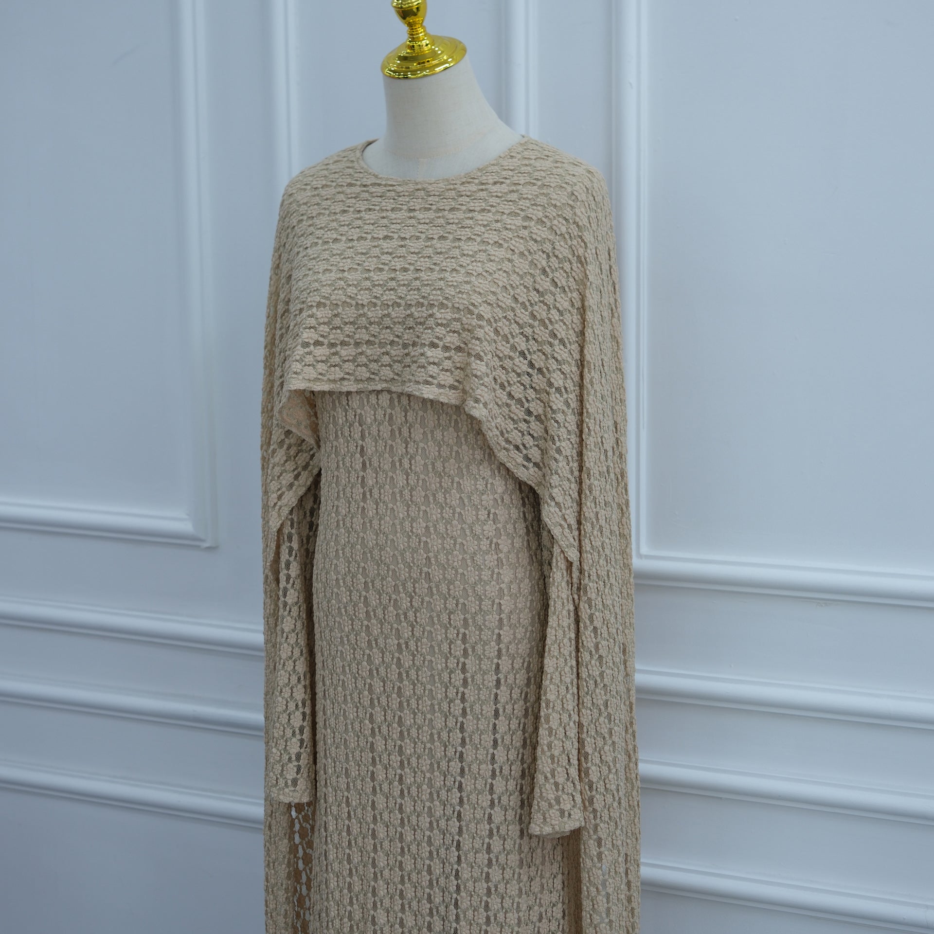 Textured Floral Lace Cape-Sleeve Lined Maxi Dress(MS519)