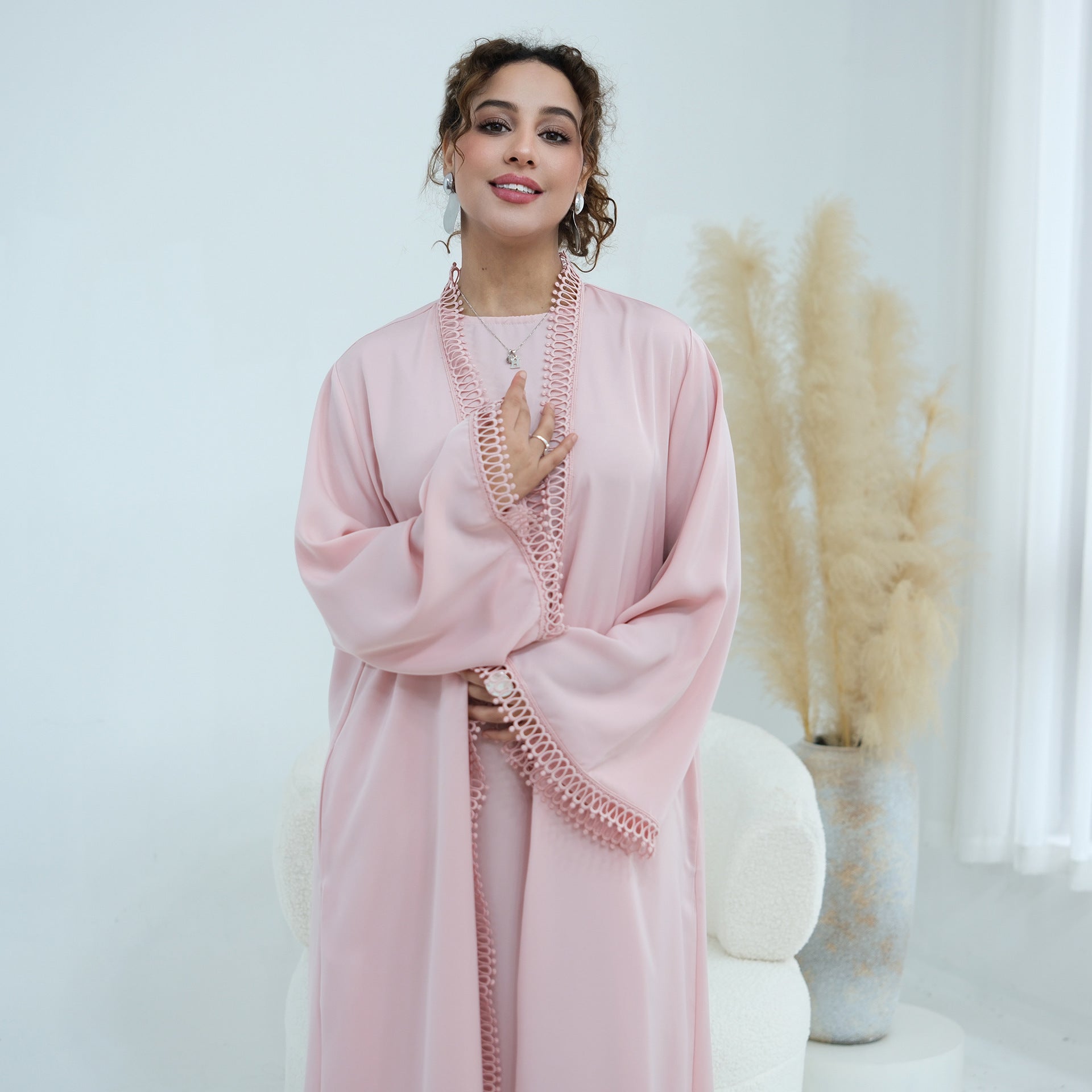 3D Lace Trim Open Abaya & Sleeveless Dress Set(MOA323)