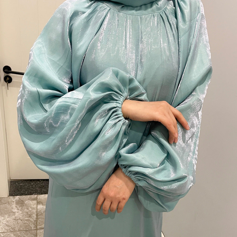 Luxurious Shimmer Abaya with Lantern Sleeves | Stand Collar Back Tie Maxi Dress(MA324)