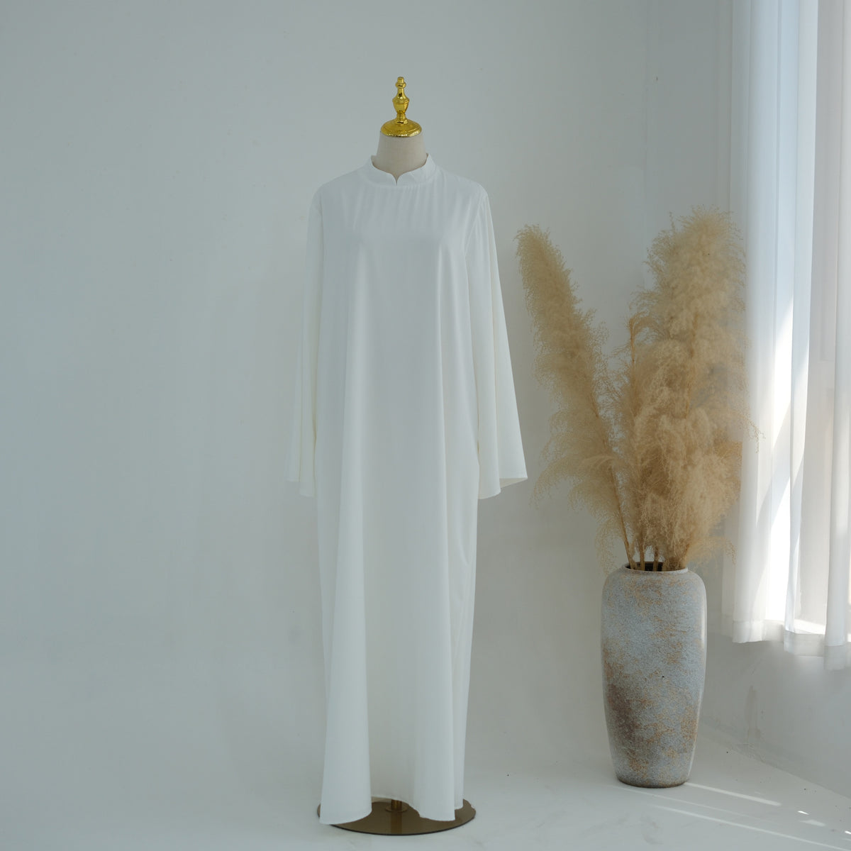 Stand-Collar Nida Maxi Dress | Long-Sleeve Belted Modest Dress(MA475)