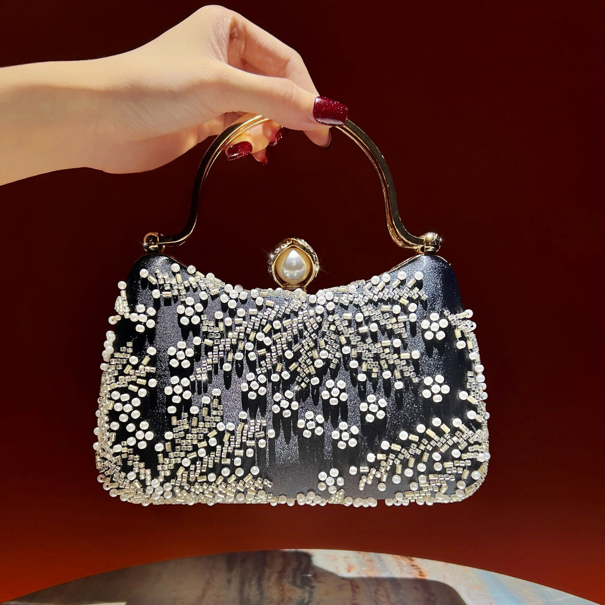 Vintage Embroidered Pearl Evening Clutch Bag - Sparkling Rhinestone Top-Handle Purse & Crossbody for Parties & Weddings（MAC494）