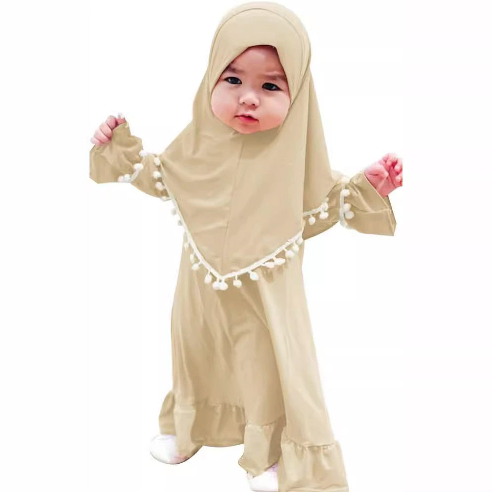 Girls Dress & Hijab Set with Pom-Pom Trim(MKG028)