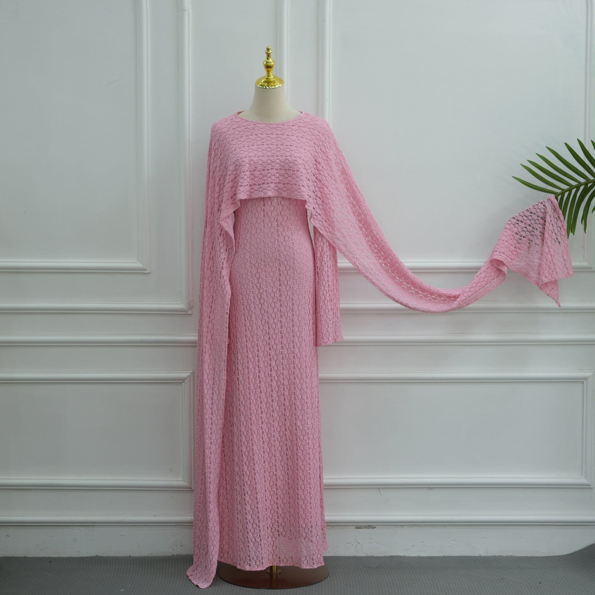 Textured Floral Lace Cape-Sleeve Lined Maxi Dress(MS519)