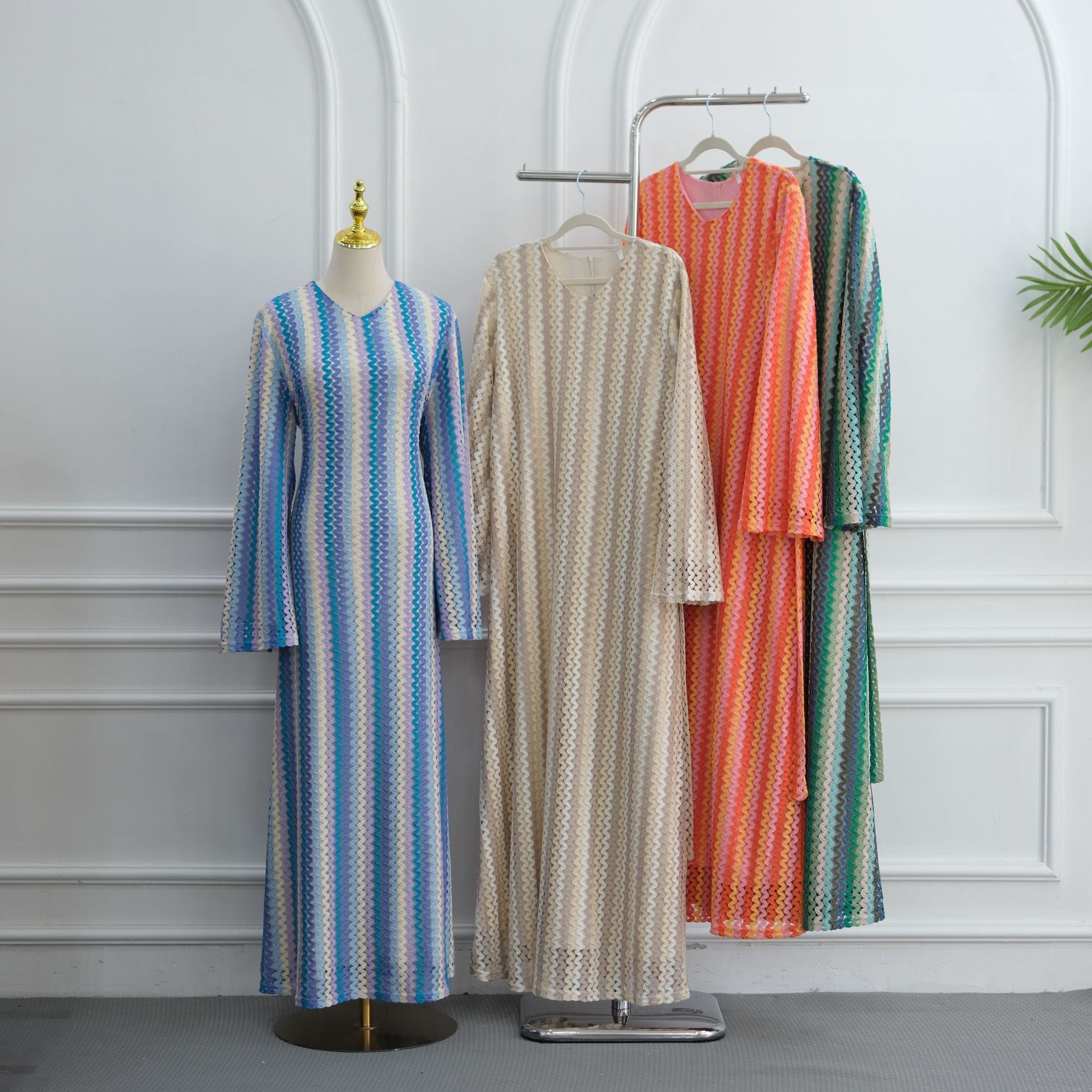 Rainbow Jacquard Flared-Sleeve Maxi Dress(MS486)