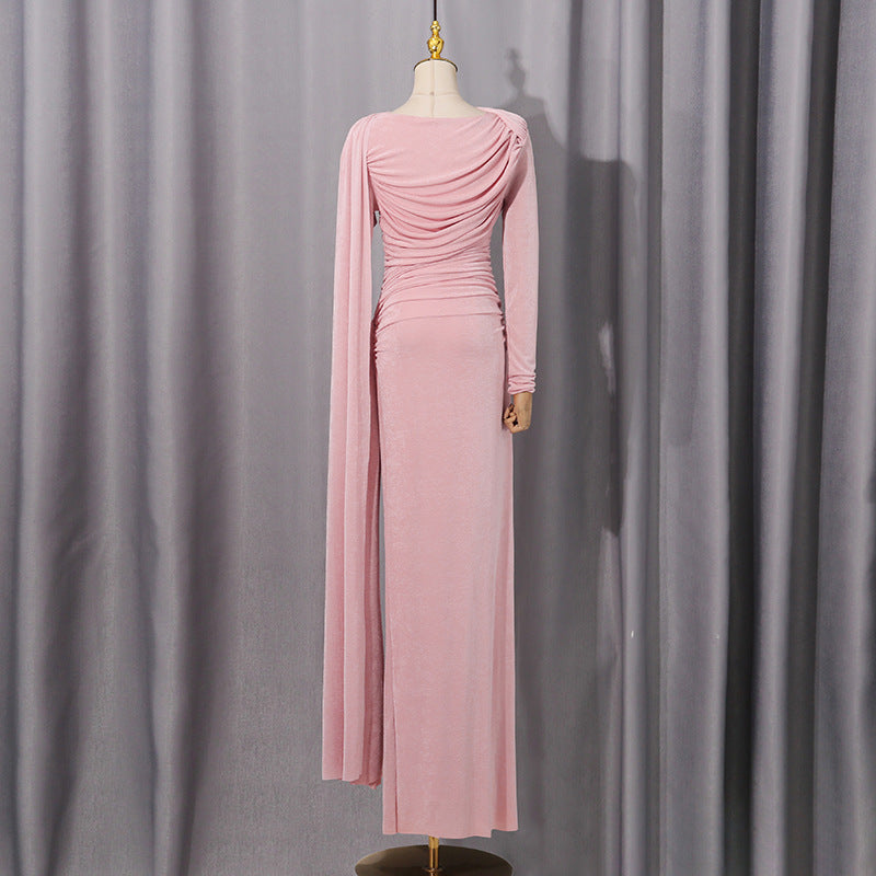 Diagonal Ruched Cape Gown | Asymmetric Draped Long Sleeve Maxi Dress(MS222)