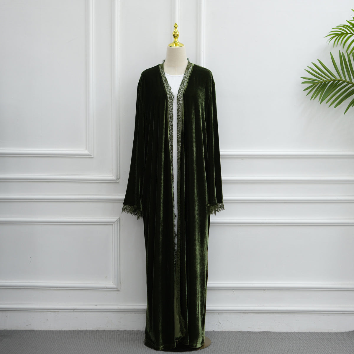 Velvet-Look Lace-Panel Longline Cardigan(MOA352)