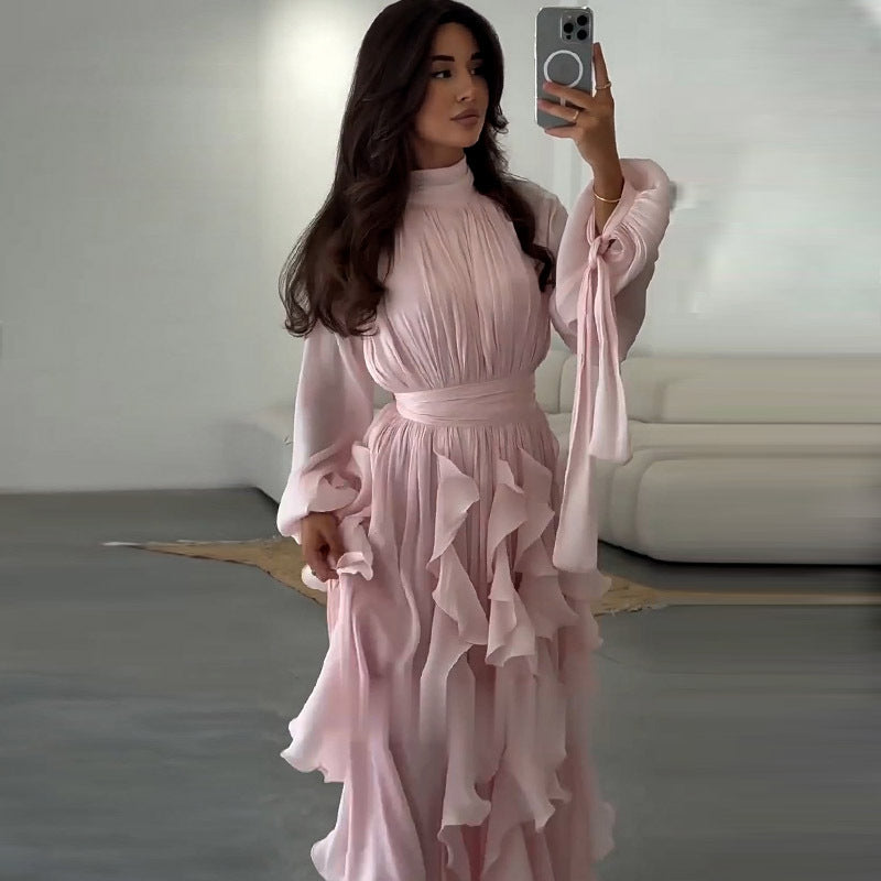 Cascading Ruffle Gown | High Neck Tie-Waist Maxi Dress(MS231)