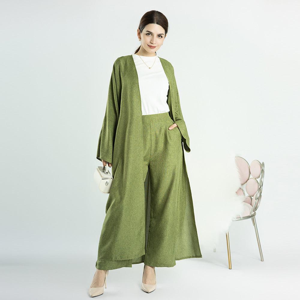 MOA063 Casual Open Abya with Loose Long Pants 2-Piece Set - Mariam's Collection