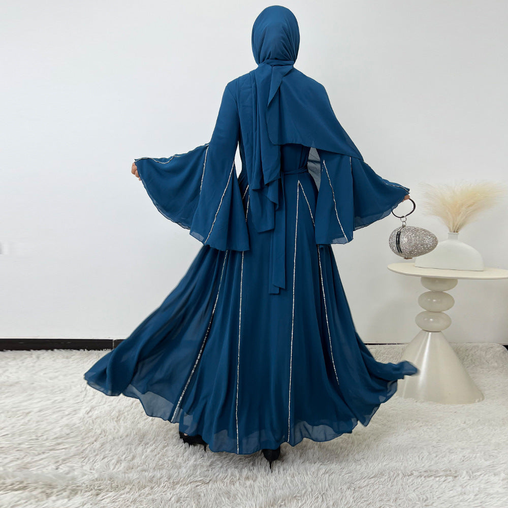 Elegant Chiffon Abaya Set with Hijab | Round Neck Bell Sleeve Maxi Dress with Rhinestone Trim(MA325)