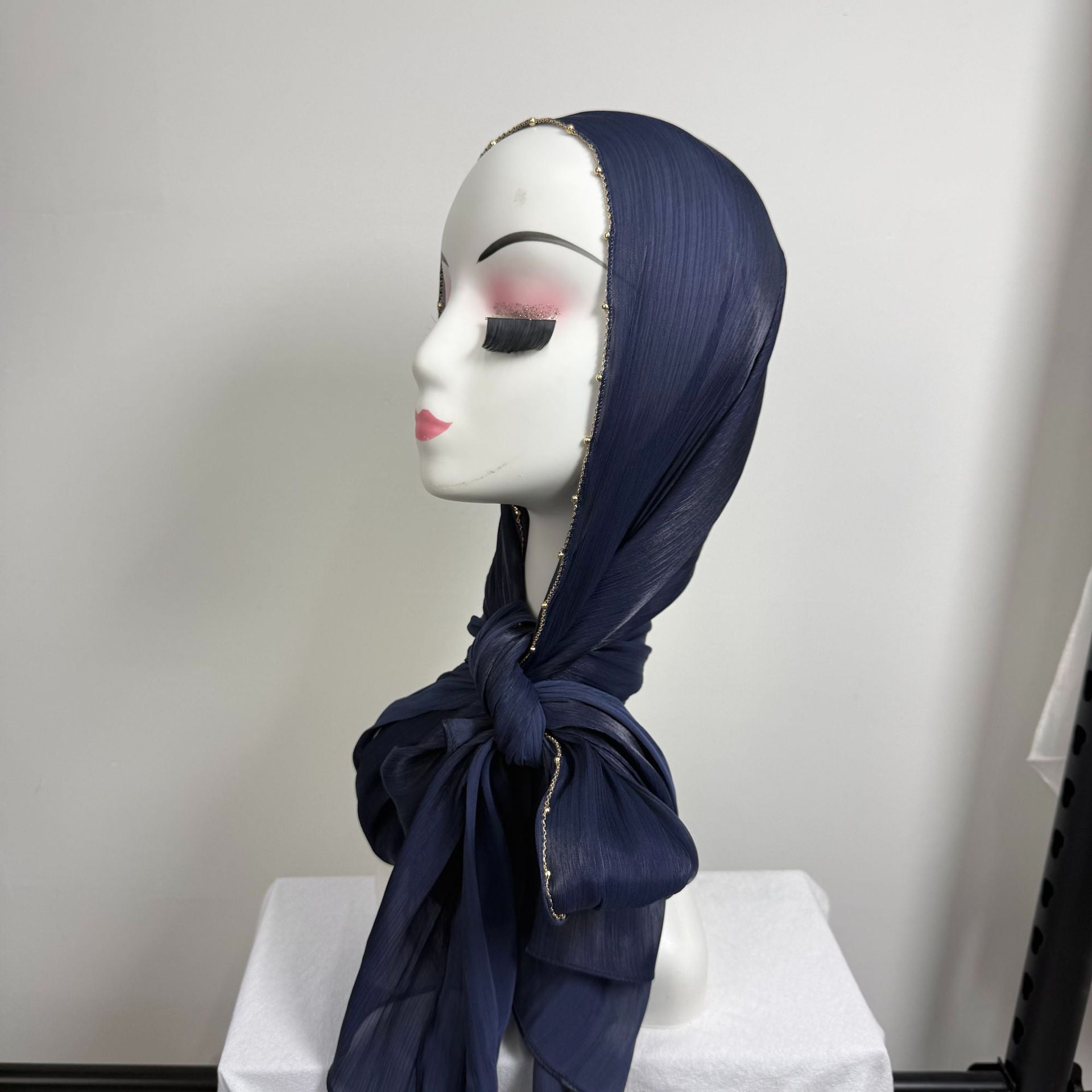 Gold Chain Beaded Edge Crinkle Satin Hijab(MH238)