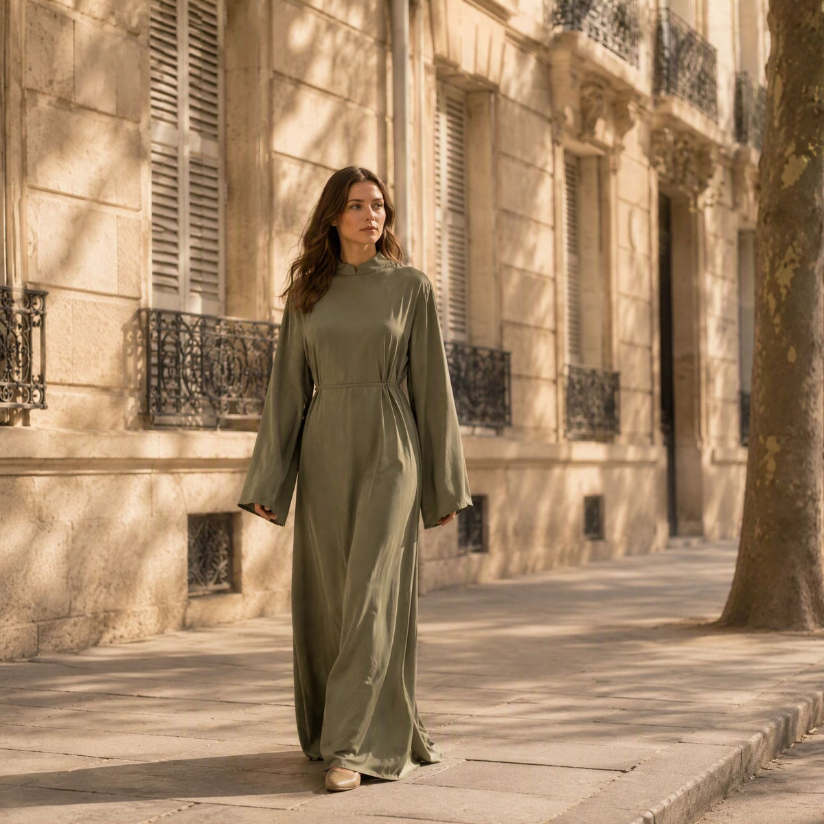 Stand-Collar Nida Maxi Dress | Long-Sleeve Belted Modest Dress(MA475)