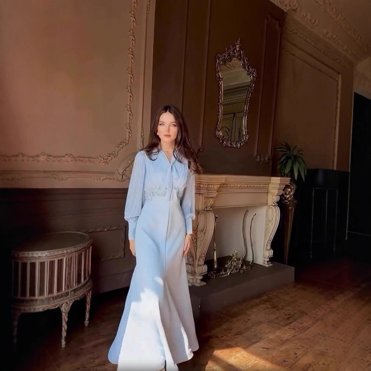 French-Style Pleated Bodice Dress with Bow-Neck(MS309)