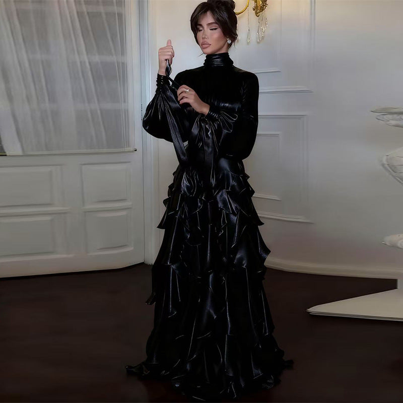 Cascading Ruffle Gown | High Neck Tie-Waist Maxi Dress(MS231)