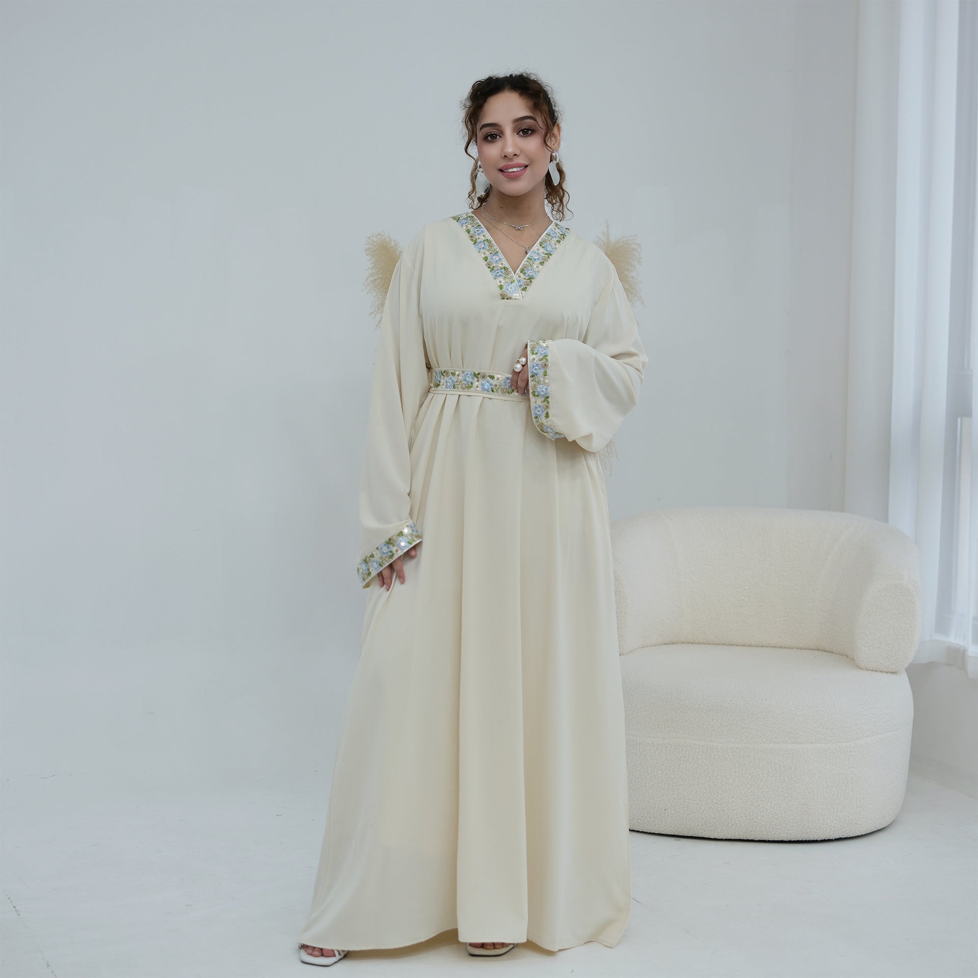 Floral Embroidered V-Neck Nida Maxi Dress(MA448)