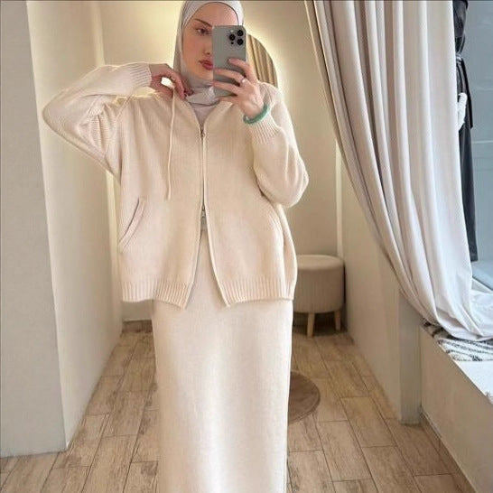 Hooded Knit Cardigan & Straight Maxi Skirt Set(MS544)