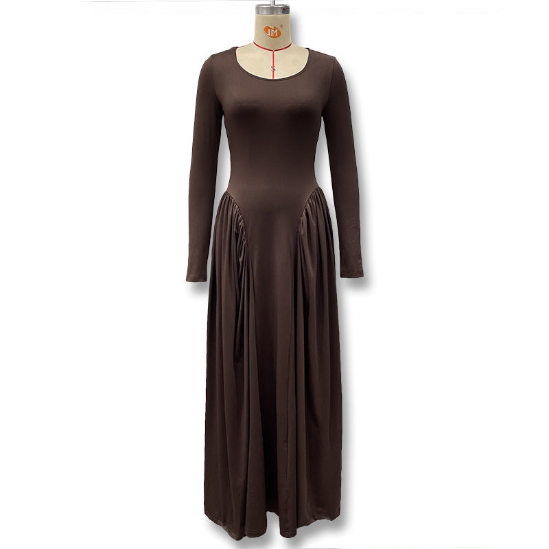 Gathered Waist Maxi Dress | U-Neck Long Sleeve Modal Dress(MS232)