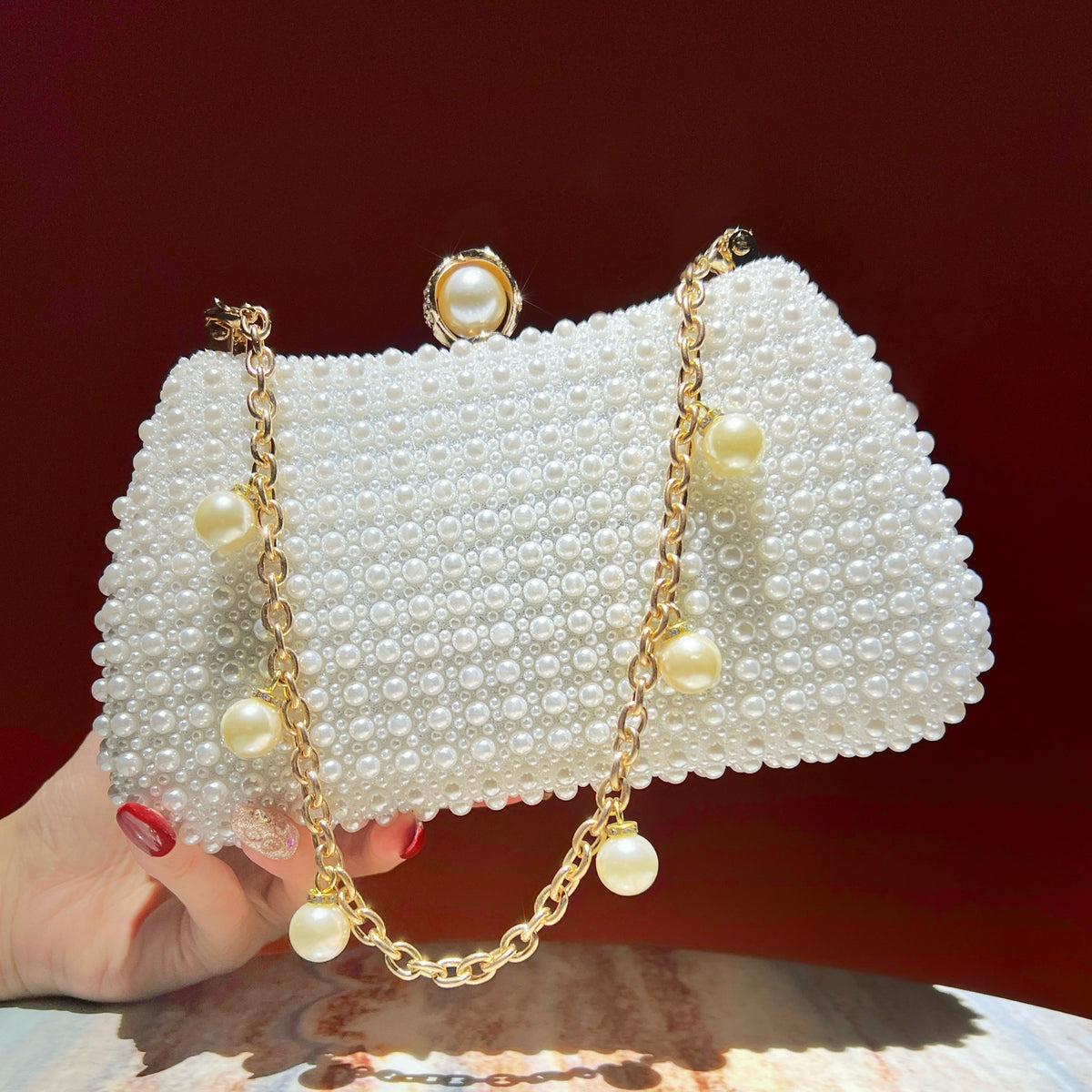 Chic Faux Pearl Evening Clutch Bag - Pearl Chain Strap Top-Handle Purse & Shoulder Crossbody for Parties & Weddings（MAC493）