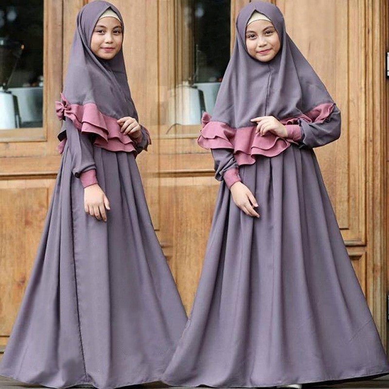 Girls Dress & Bow Hijab Set with Ruffle Trim(MKG026)