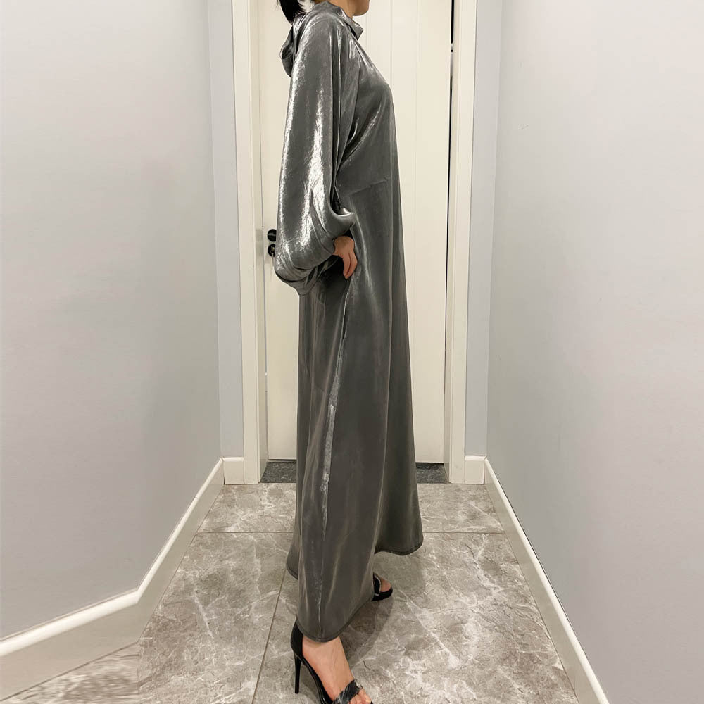 Luxurious Shimmer Abaya with Lantern Sleeves | Stand Collar Back Tie Maxi Dress(MA324)