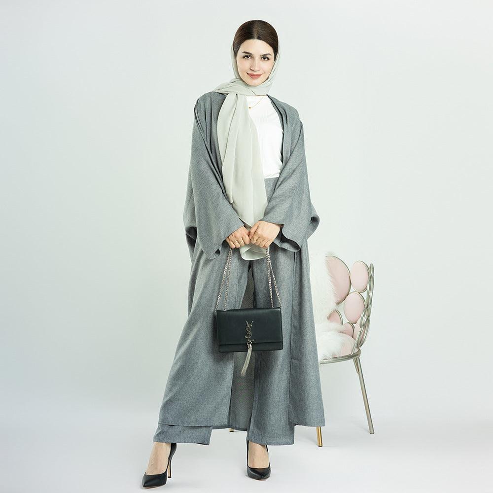 MOA063 Casual Open Abya with Loose Long Pants 2-Piece Set - Mariam's Collection