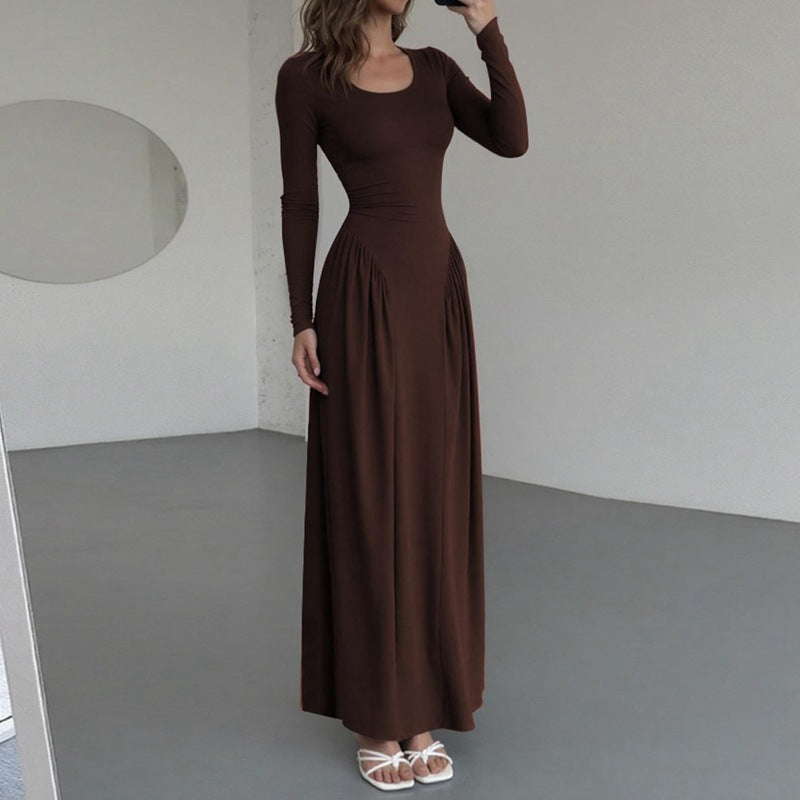Gathered Waist Maxi Dress | U-Neck Long Sleeve Modal Dress(MS232)