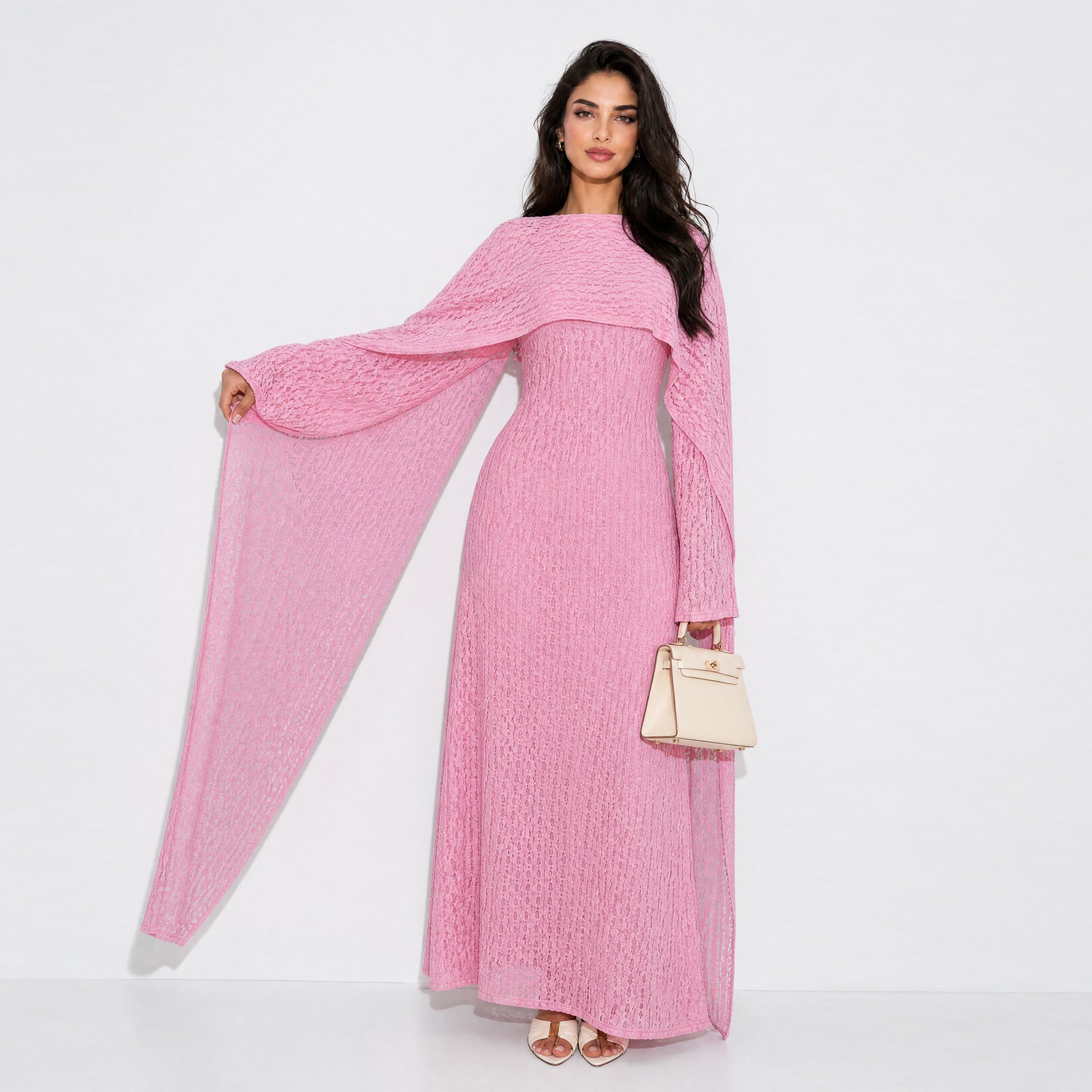 Textured Floral Lace Cape-Sleeve Lined Maxi Dress(MS519)