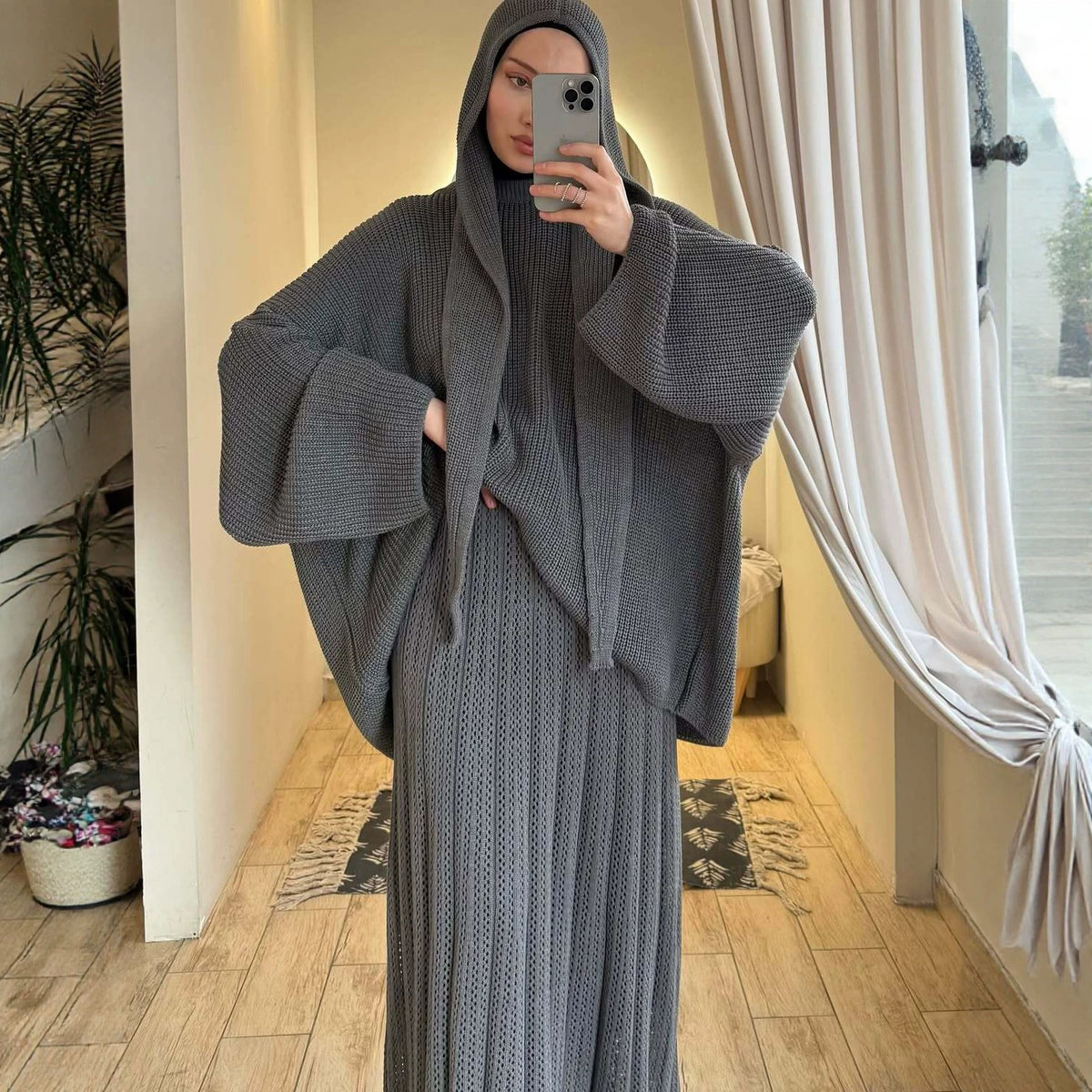 Relaxed Knit Top, Maxi Skirt & Triangle Scarf Set(MS545)