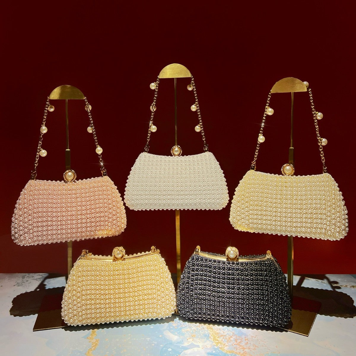 Chic Faux Pearl Evening Clutch Bag - Pearl Chain Strap Top-Handle Purse & Shoulder Crossbody for Parties & Weddings（MAC493）